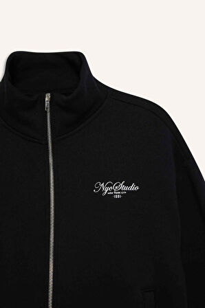 Relax Fit Yarım Balıkçı Yaka Baskılı Kalın Sweatshirt Kumaşı Hırka