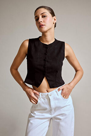 Düğmeli Crop Süet Yelek