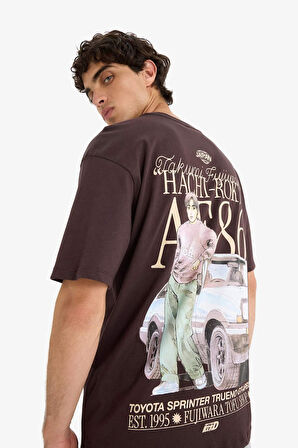 %100 Pamuk Initial D Boxy Fit Bisiklet Yaka Kısa Kollu Tişört