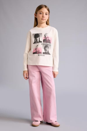 DeFacto %100 Pamuk Wednesday Loose Fit Bisiklet Yaka Uzun Kollu Tişört Kız Çocuk G0452A825AUER105