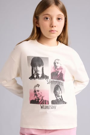DeFacto %100 Pamuk Wednesday Loose Fit Bisiklet Yaka Uzun Kollu Tişört Kız Çocuk G0452A825AUER105