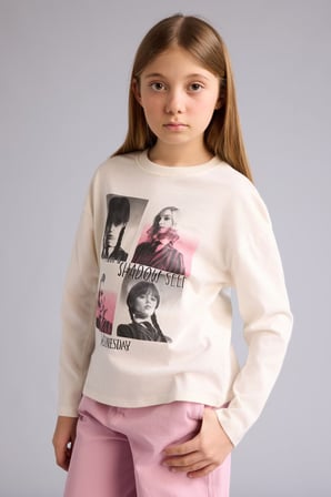 DeFacto %100 Pamuk Wednesday Loose Fit Bisiklet Yaka Uzun Kollu Tişört Kız Çocuk G0452A825AUER105
