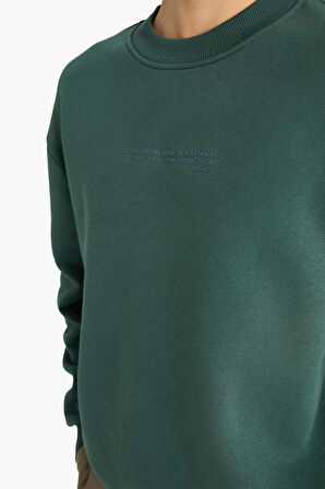 Boxy Fit Bisiklet Yaka İçi Yumuşak Tüylü Baskılı Sweatshirt