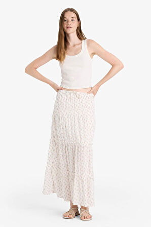 Floral Yüksek Bel Pamuk Astarlı Maxi Etek