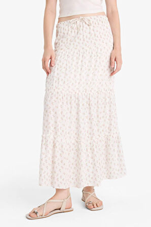 Floral Yüksek Bel Pamuk Astarlı Maxi Etek