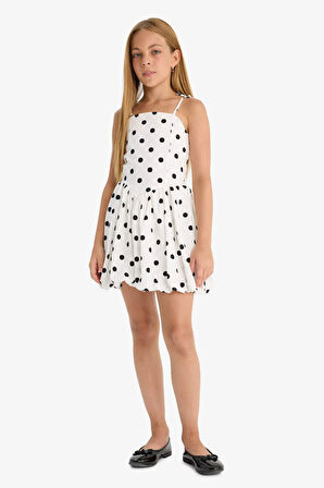 Kız Çocuk Askılı Puantiyeli Poplin Elbise