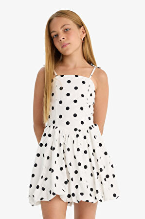 Kız Çocuk Askılı Puantiyeli Poplin Elbise