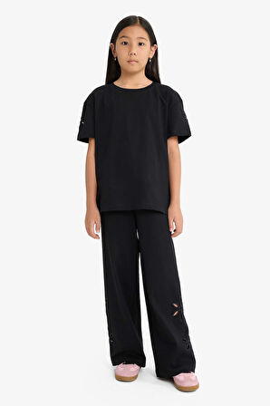 Kız Çocuk Overshirt Fit Bisiklet Yaka Brode Kısa Kollu Tişört 