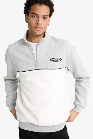 Boxy Fit Dik Yaka Yarım Fermuarlı Baskılı Kalın Sweatshirt