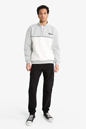 Boxy Fit Dik Yaka Yarım Fermuarlı Baskılı Kalın Sweatshirt