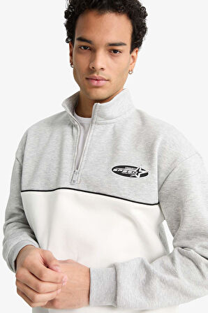 Boxy Fit Dik Yaka Yarım Fermuarlı Baskılı Kalın Sweatshirt