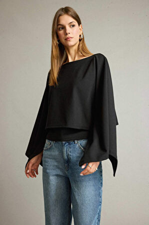 Kayık Yaka Yarasa Kolllu Bluz