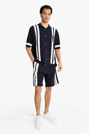 Standart Fit Beli Bağcıklı Renk Bloklu Triko Şort