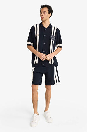 Standart Fit Beli Bağcıklı Renk Bloklu Triko Şort