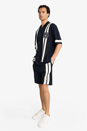 Standart Fit Beli Bağcıklı Renk Bloklu Triko Şort