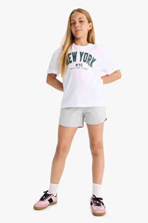 Kız Çocuk Relax Fit Bisiklet Yaka Üniversite Baskılı Kısa Kollu Tişört