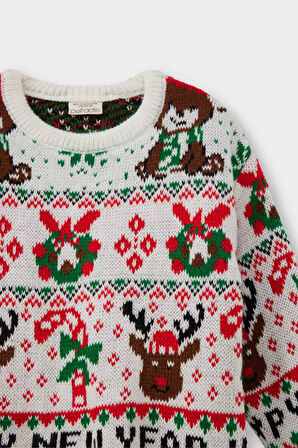 Kız Bebek Yılbaşı Temalı Bisiklet Yaka Triko Kazak