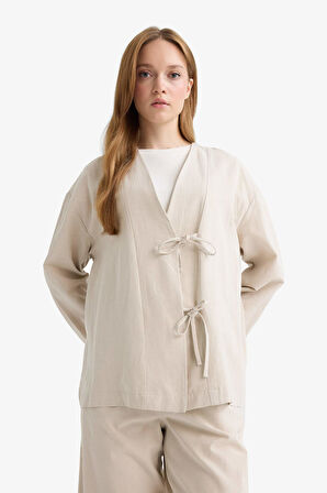 Regular Fit V Yaka Keten Karışımlı Kimono