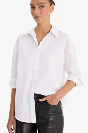 Oversize Geniş Kalıp Gömlek Yaka Poplin Uzun Kollu Gömlek