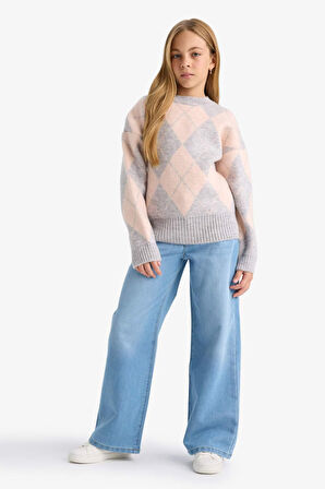 Kız Çocuk Oversize Geniş Kalıp Bisiklet Yaka Baklava Desenli Triko Kazak 