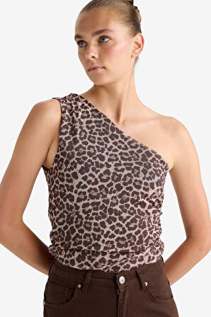 Slim Fit Dar Kesim Leopar Desenli Tek Omuzlu Tül Bluz