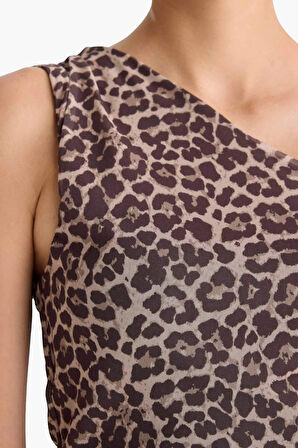 Slim Fit Dar Kesim Leopar Desenli Tek Omuzlu Tül Bluz