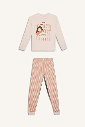 Kız Çocuk Pijama Takımı Baskılı Uzun Kollu Üst Çizgili Uzun Alt
