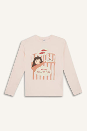 Kız Çocuk Pijama Takımı Baskılı Uzun Kollu Üst Çizgili Uzun Alt