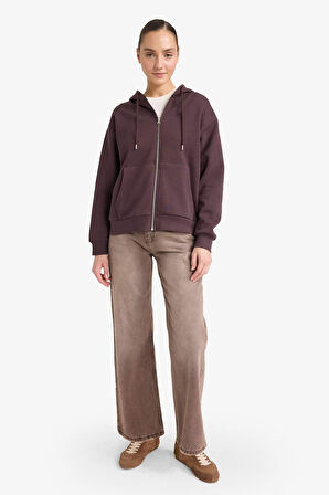 Relax Fit Kapüşonlu Basic Düz Kalın Fermuarlı Sweatshirt