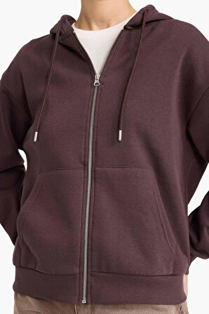 Relax Fit Kapüşonlu Basic Düz Kalın Fermuarlı Sweatshirt