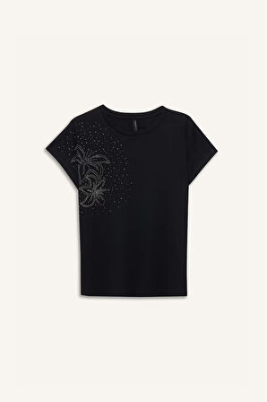 Bisiklet Yaka Taş Baskılı Kısa Kollu Tişört