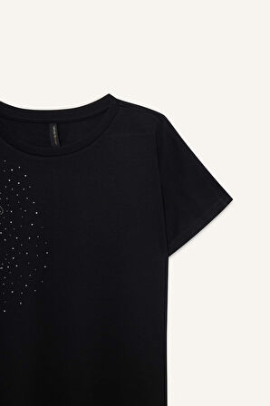 Bisiklet Yaka Taş Baskılı Kısa Kollu Tişört