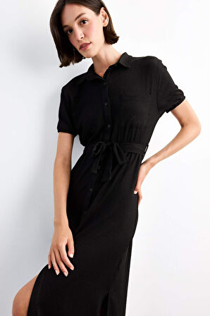 Gömlek Yaka Kemerli Kısa Kollu Midi Elbise