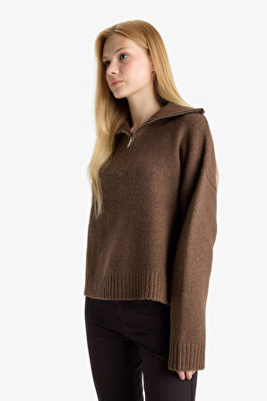 Oversize Geniş Kalıp Polo Yaka Fermuarlı Kazak