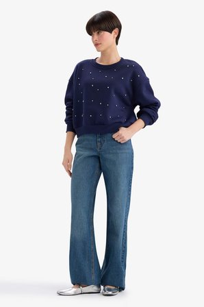 DeFacto Boxy Fit Bisiklet Yaka İşlemeli Kalın Sweatshirt G2153AX25WNNV28