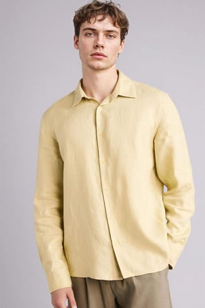 %100 Keten Regular Fit Polo Yaka Yazlık Basic Düz Uzun Kollu Beyaz Gömlek	 C1825AX26SMBG433