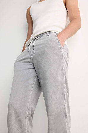 Yazlık Wide Leg Geniş Kalıp Beli Lastikli Geniş Paça Jean Kar Yıkamalı Pantolon