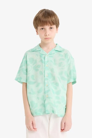 DeFacto Oversize Geniş Kalıp Polo Yaka Desenli Viskon Kısa Kollu Gömlek Erkek Çocuk F5672A825HSGN1229