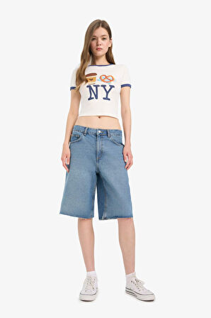 Coool Fitted Crop Bisiklet Yaka Baskılı Ribana Kısa Kollu Tişört