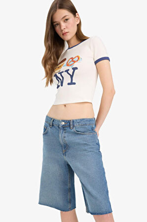 Coool Fitted Crop Bisiklet Yaka Baskılı Ribana Kısa Kollu Tişört