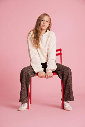 Kız Çocuk Oversize Geniş Kalıp Bisiklet Yaka Düğmeli Sweatshirt