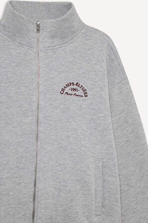 Relax Fit Yarım Balıkçı Yaka Baskılı Kalın Fermuarlı Sweatshirt 