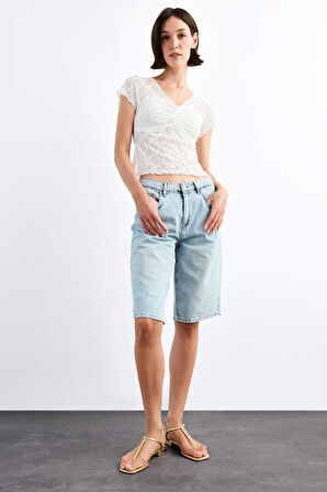 Fitted Bisiklet Yaka Dantel Kısa Kollu Tişört