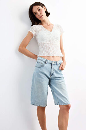 Fitted Bisiklet Yaka Dantel Kısa Kollu Tişört