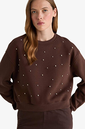 Boxy Fit Bisiklet Yaka İşlemeli Kalın Sweatshirt Kumaşı Sweatshirt