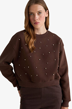 Boxy Fit Bisiklet Yaka İşlemeli Kalın Sweatshirt Kumaşı Sweatshirt