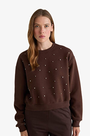Boxy Fit Bisiklet Yaka İşlemeli Kalın Sweatshirt Kumaşı Sweatshirt