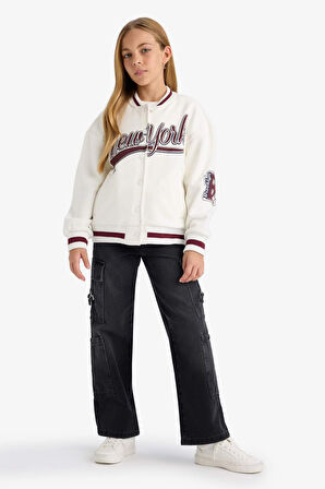 Kız Çocuk Slogan Baskılı Bisiklet Yaka Kalın Sweatshirt Kumaşı Hırka