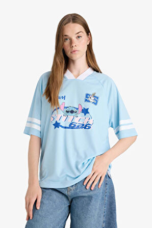 Coool Disney Lilo & Stitch Oversize Geniş Kalıp V Yaka Baskılı Kısa Kollu Tişört