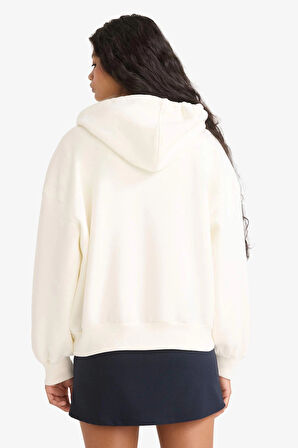 Defacto F9178 Ekru Oversize Geniş Kalıp Kapüşonlu Baskılı Fermuarlı Sweatshirt